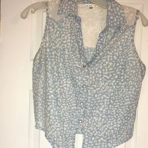 Light Denim Patterned Crop Top with Tie and Lace